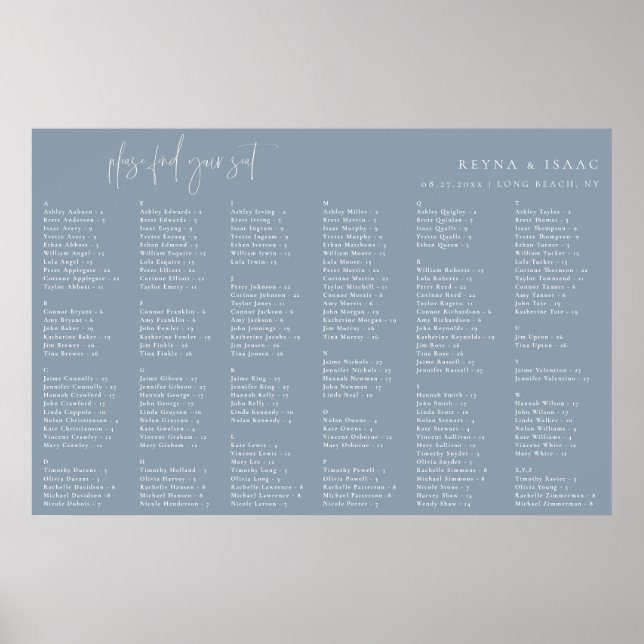 Minimalist Dusty Blue Alphabetical Seating Chart (Front)