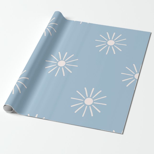 Minimalist Dusty Blue and Cream Boho Sunburst Wrapping Paper (Unrolled)