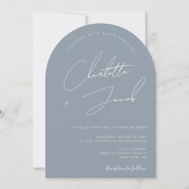 Minimalist Dusty Blue Arch Photo Wedding Invitation (Front)
