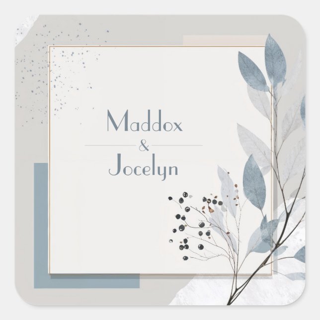 Minimalist Dusty Blue Berry Gold Frame Wedding Square Sticker (Front)