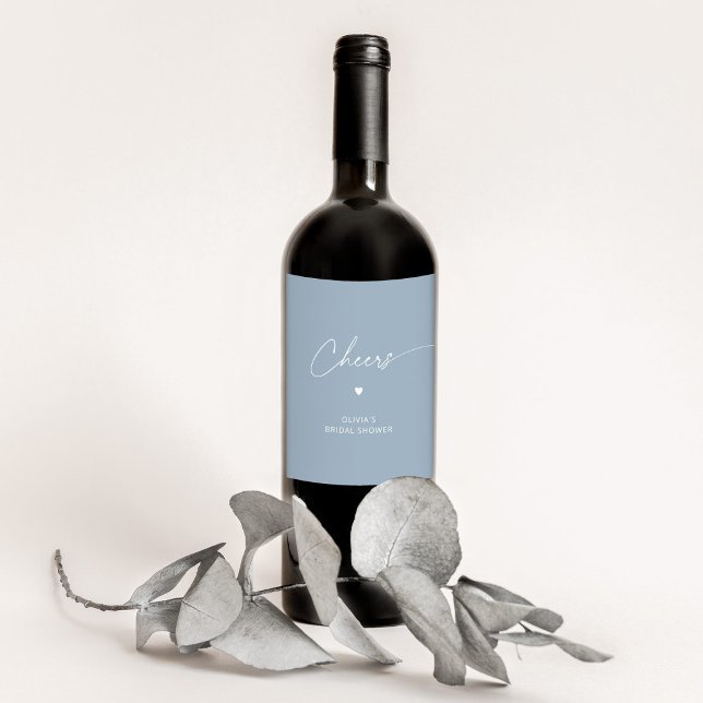 Minimalist dusty blue bridal shower Cheers Wine Label (Creator Uploaded)