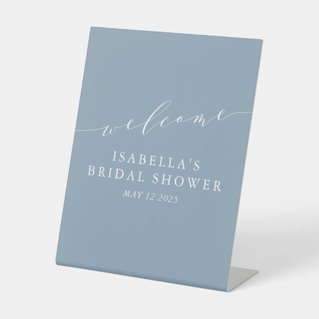 Minimalist Dusty Blue Bridal Shower Welcome   Pedestal Sign (Front)
