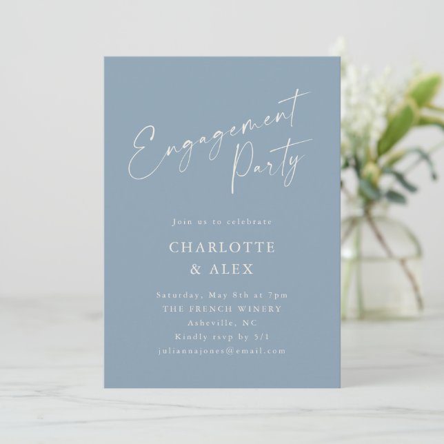 Minimalist Dusty Blue Calligraphy Engagement Party Invitation (Standing Front)