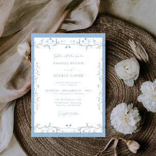 Minimalist Dusty Blue Chinoiserie Floral Wedding Invitation