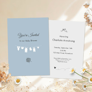 Minimalist Dusty Blue Clothesline Baby Boy Shower Invitation
