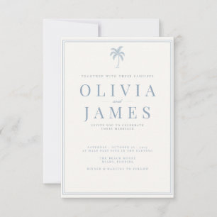 Minimalist Dusty Blue Coastal Palm Tree Wedding Invitation