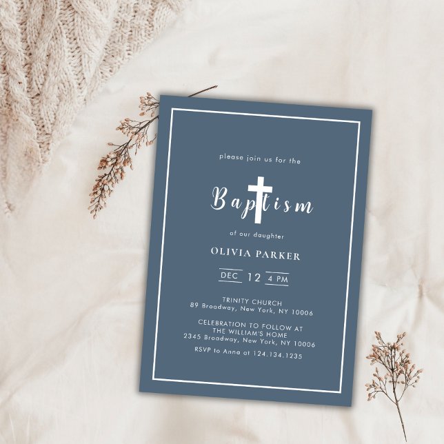 Minimalist Dusty Blue Cross Boy Baptism  Invitation (Minimalist Dusty Blue Cross Boy Baptism Invitation)