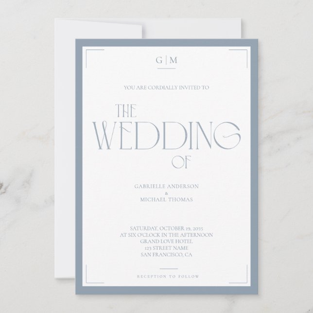 Minimalist Dusty Blue Elegant Monogram Wedding  Invitation (Front)