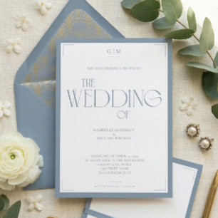 Minimalist Dusty Blue Elegant Monogram Wedding  Invitation