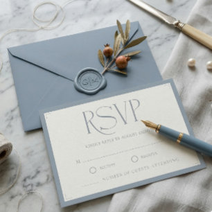 Minimalist Dusty Blue Elegant Monogram Wedding  RSVP Card