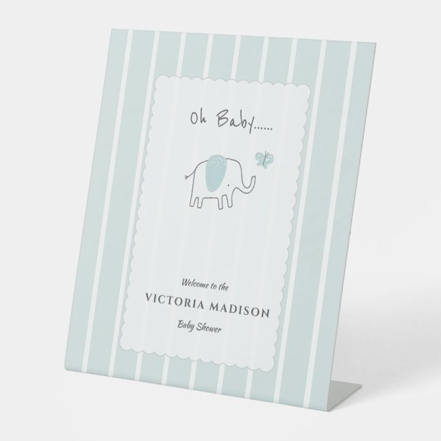 Minimalist Dusty Blue Elephant Baby Shower Welcome Pedestal Sign (Front)
