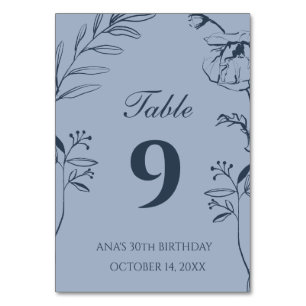 Minimalist Dusty Blue Floral 30th Birthday Table Number