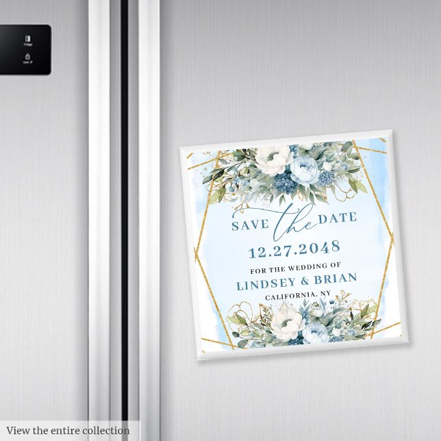Minimalist Dusty Blue Floral Gold Save the Date Magnet (Minimalist Dusty Blue Floral Gold Save the Date)