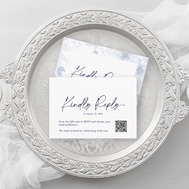 Minimalist Dusty Blue Floral RSVP Card – QR Code (Creator Uploaded)