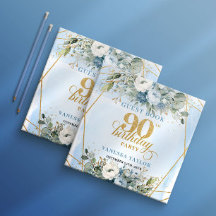 Minimalist Dusty Blue Floral Script 90th Birthday Guest Book