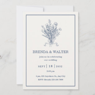 Minimalist Dusty Blue Floral Sketch Wedding Invitation