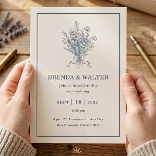 Minimalist Dusty Blue Floral Sketch Wedding Invitation