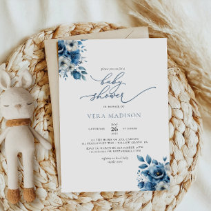 Minimalist Dusty Blue Floral Winter Baby Shower Invitation