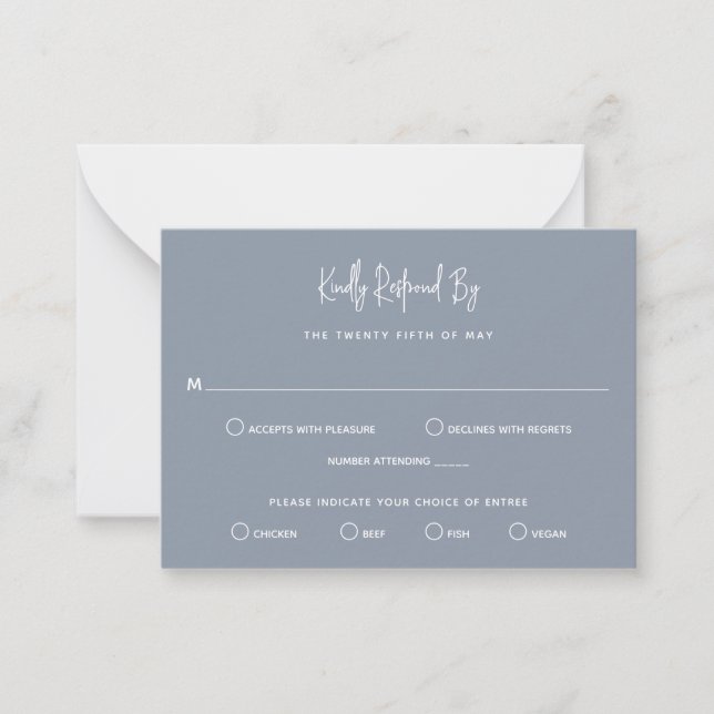 Minimalist Dusty Blue Modern Mini Wedding RSVP Card (Front)