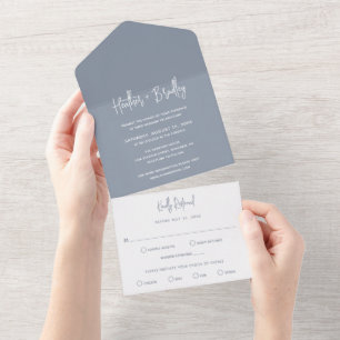Minimalist Dusty Blue Modern Wedding All In One Invitation