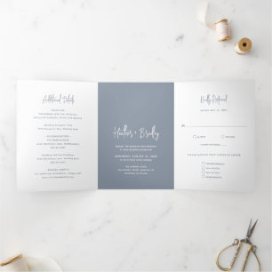 Minimalist Dusty Blue Modern Wedding Tri-Fold Invitation