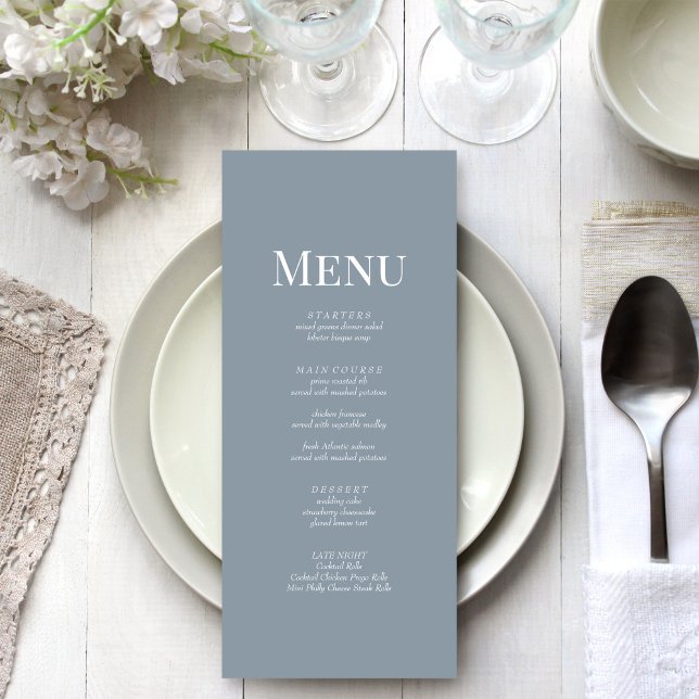 Minimalist Dusty Blue Monogram Wedding Menu Card (Minimalist Dusty Blue Monogram Wedding Menu Card on a beautiful white and silver wedding table.)