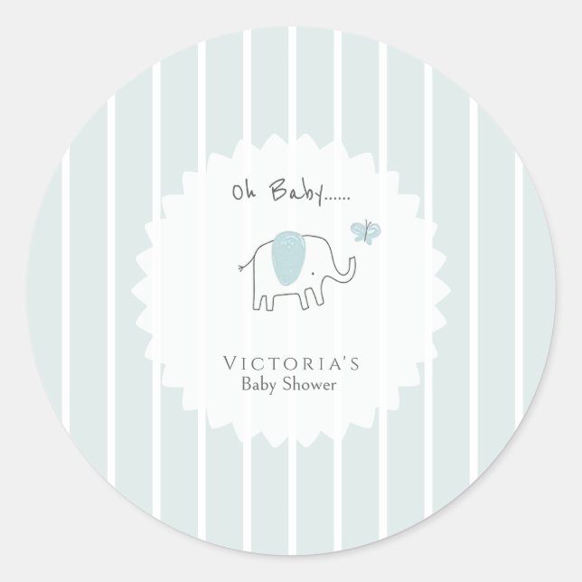 Minimalist Dusty Blue Oh Baby Elephant Baby Shower Classic Round Sticker (Front)