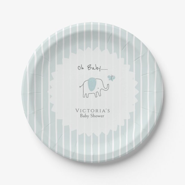 Minimalist Dusty Blue Oh Baby Elephant Baby Shower Paper Plate (Front)