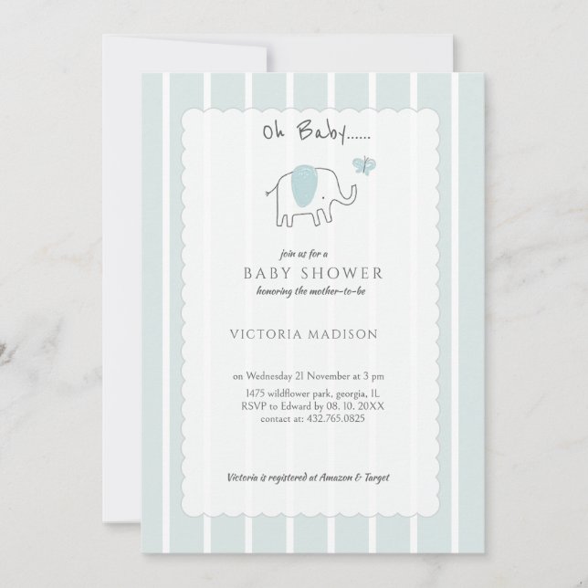 Minimalist Dusty Blue Oh Baby Elephant Sketch  Invitation (Front)