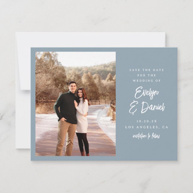 Minimalist Dusty Blue Photo Save The Date (Front)