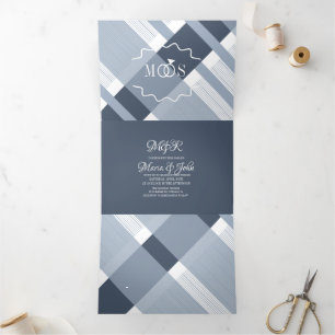 Minimalist Dusty Blue Plaid Ring Logo Wedding Tri-Fold Invitation