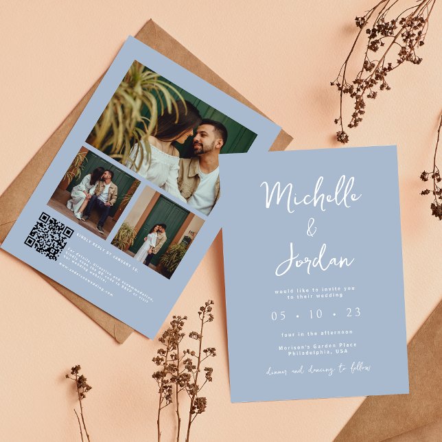 Minimalist Dusty Blue Script Photo QR Wedding Invitation (Creator Uploaded)