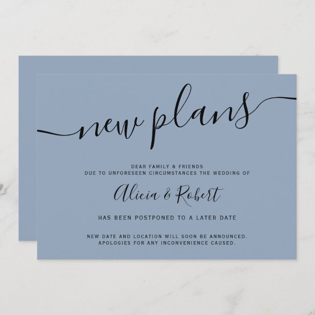 minimalist dusty blue script postponed new plans invitation (Front/Back)