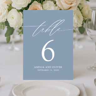 Minimalist Dusty Blue Script Table Number Card