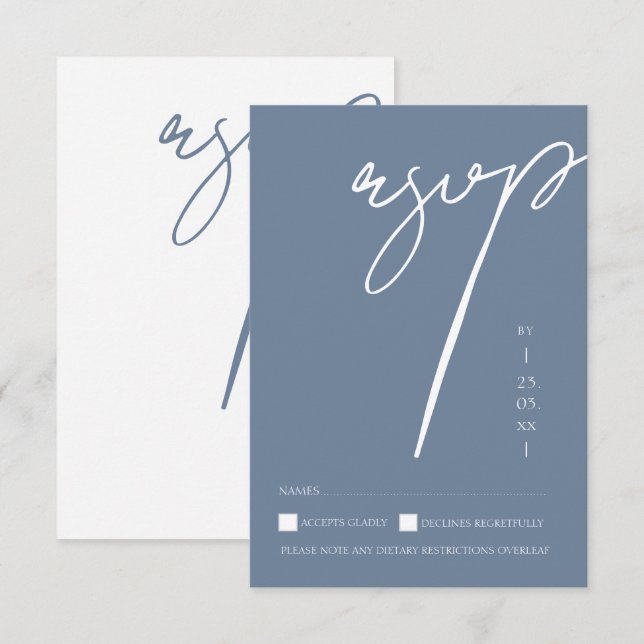 Minimalist Dusty Blue Script Typography Wedding RSVP Card (Front/Back)