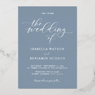 Minimalist Dusty Blue Silver Calligraphy Wedding
