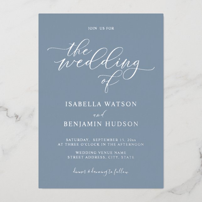 Minimalist Dusty Blue Silver Calligraphy Wedding (Front)