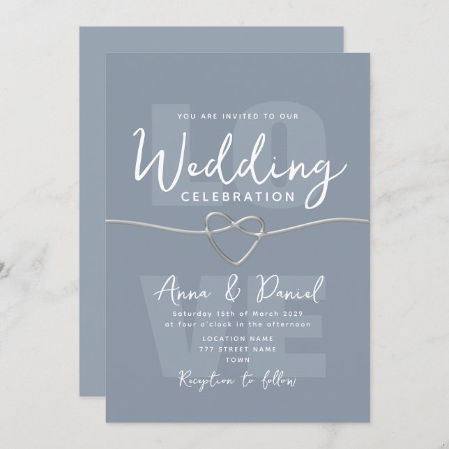 Minimalist Dusty Blue Silver Wedding  Invitation (Front/Back)