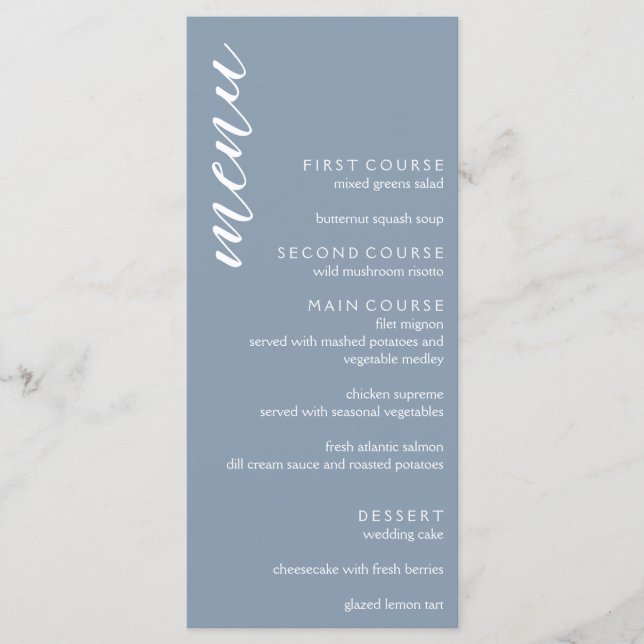 Minimalist Dusty Blue Wedding Menu (Front)