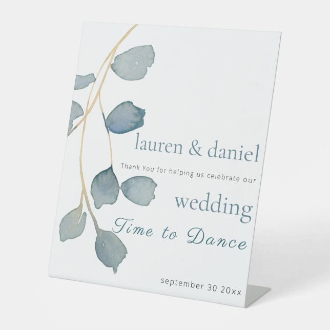 Minimalist Dusty Blue Wedding Pedestal Sign (Front)