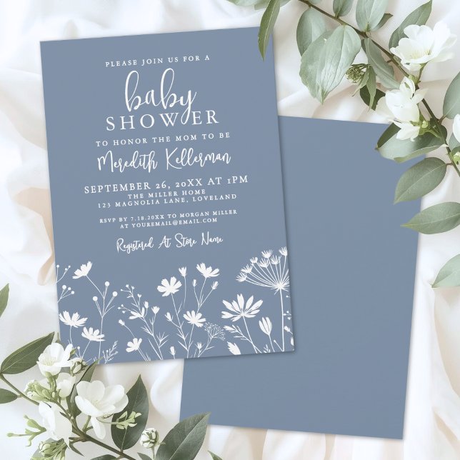 Minimalist Dusty Blue Wildflower Baby Shower Invitation (Minimalist Dusty Blue Wildflower Baby Shower Invitation)