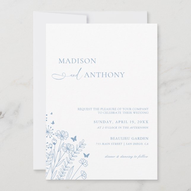 Minimalist Dusty Blue Wildflower Wedding Invitation (Front)