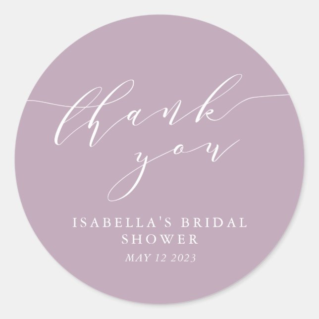 Minimalist Dusty Lilac Bridal Shower Thank You Classic Round Sticker (Front)