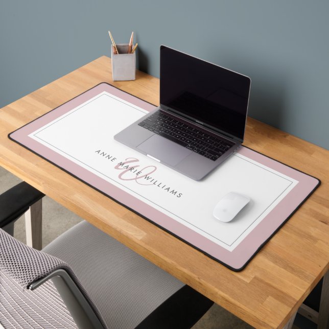 Minimalist Dusty Lilac Script Two Border Monogram Desk Mat (Office 2)
