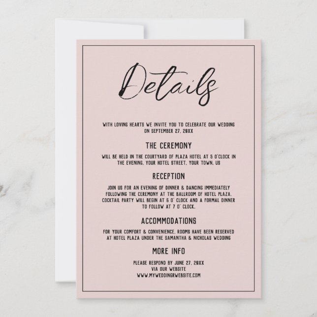 Minimalist Dusty Pink Details Wedding Invitation (Front)