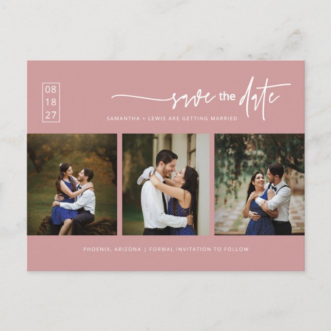 Minimalist Dusty Pink Photo QR Code Save the Date Postcard (Front)