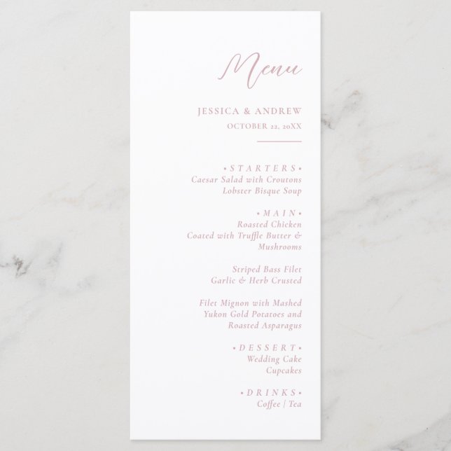 Minimalist Dusty Pink & White Simple Wedding  Menu (Front)