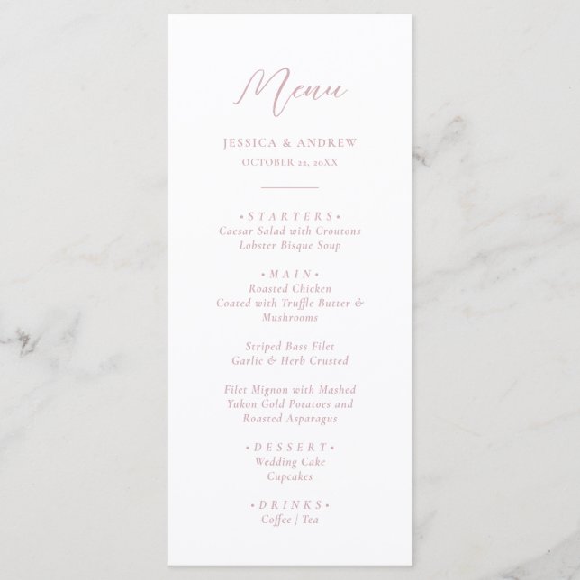 Minimalist Dusty Pink & White Simple Wedding Menu (Front)