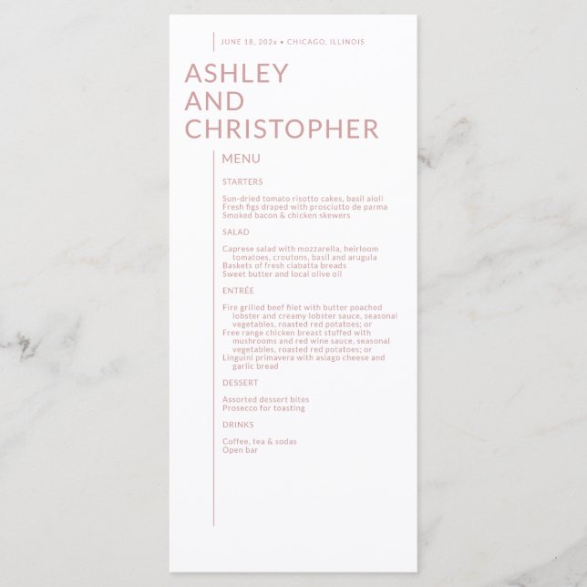 Minimalist Dusty Rose Isolated Names Wedding Menu (Front)