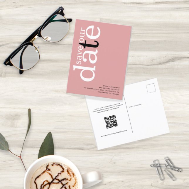 Minimalist Dusty Rose QR Code Text Save The Date Postcard (Creator Uploaded)